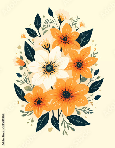Bright Bouquet: Orange and White Flowers, Lush Leaves, Autumnal Charm