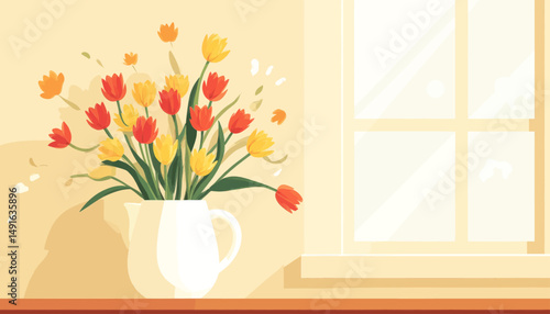 Bright Bouquet by Window: Tulips in Sunlit Room