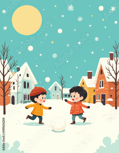 Children Playing in Snowy Village