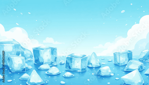 Cool Ice Cubes in Summer Sky with Droplets