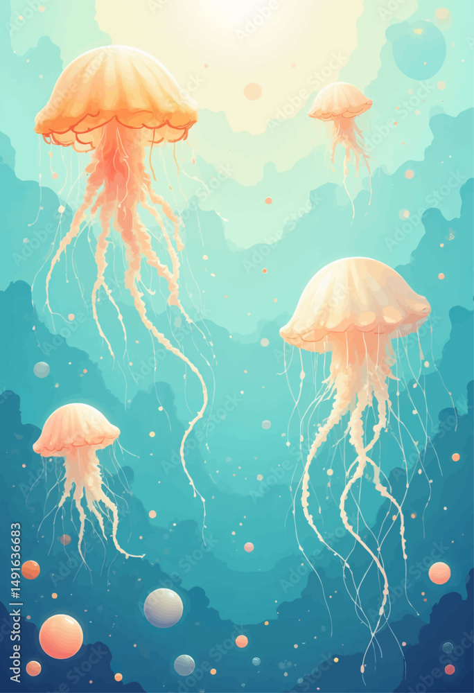 Dreamy Jellyfish in Aquatic Depths with Bubbles Dreamy Jellyfish in Aquatic Depths with Bubbles