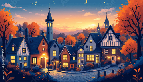 Enchanted Village Sunset in Autumnal Glow