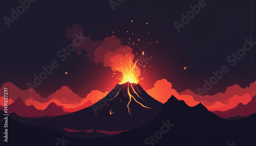 Erupting Volcano at Night with Lava and Smoke