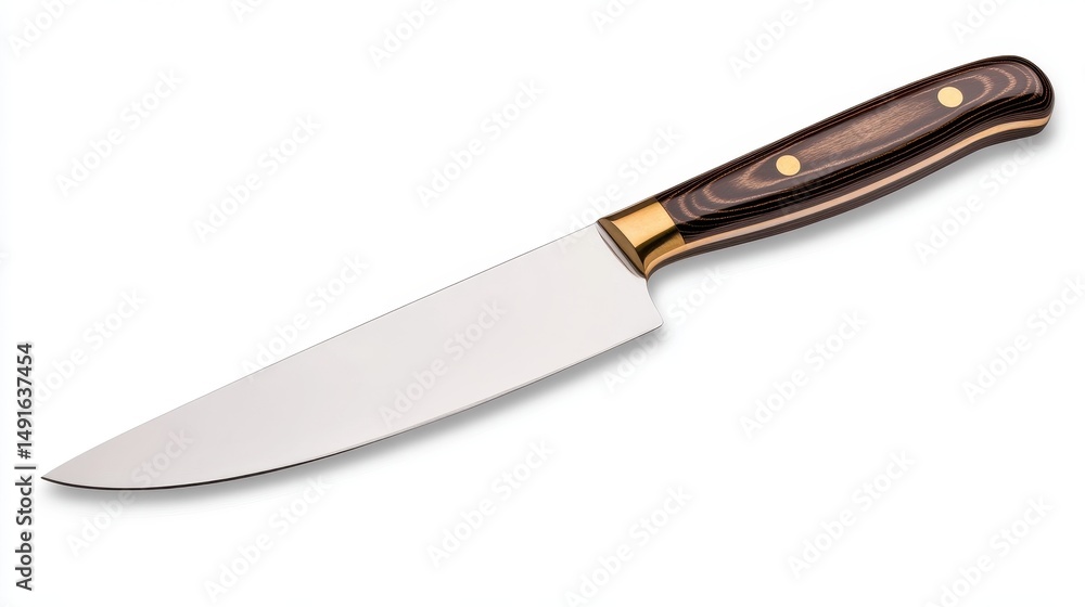 High-quality kitchen knife with a wooden handle placed on a clean countertop, ideal for culinary use High-quality kitchen knife with a wooden handle placed on a clean countertop, ideal for culinary use