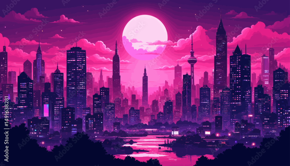 Obraz premium Magical Cityscape at Dusk with Moonlit Skyline