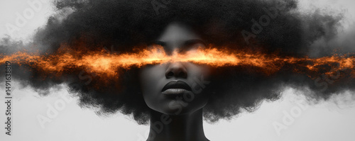 A woman with a big afro is staring at the camera. The image is a black and white photo with a lot of smoke and fire in the background. The woman's face is obscured by the smoke