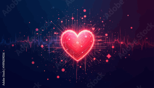 Neon Heart Beat Glow in Digital Night Sky