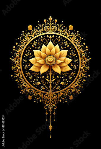 Opulent Golden Lotus Floral Frame on Black