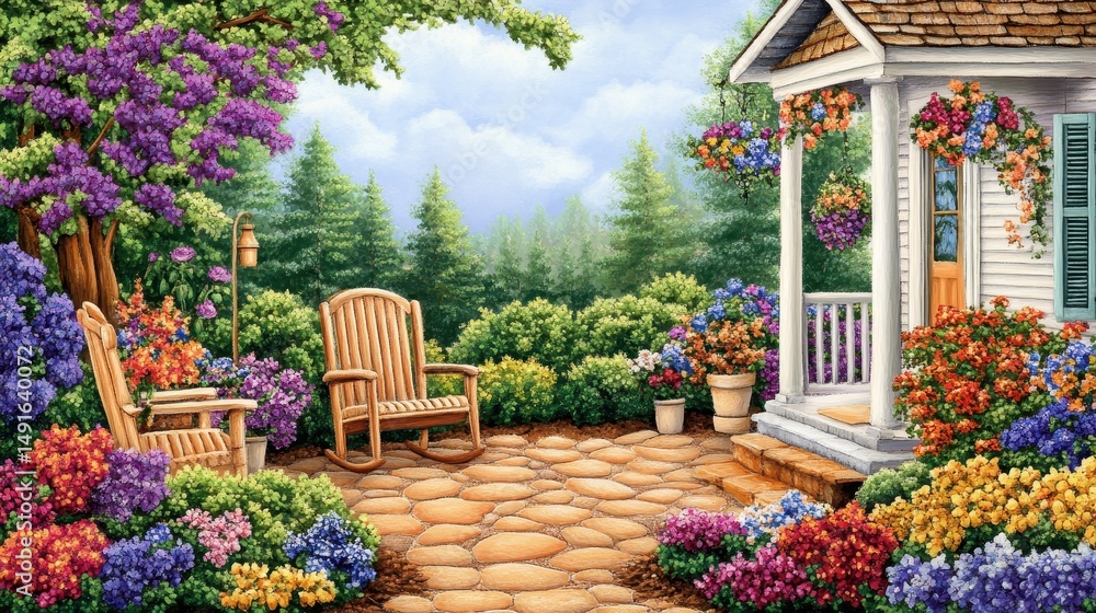 Fototapeta premium A picturesque, spring-time garden scene with a charming, outdoor porch.