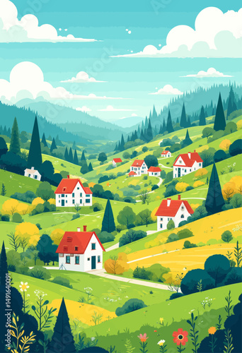 Serene Countryside Village in Autumnal Landscape