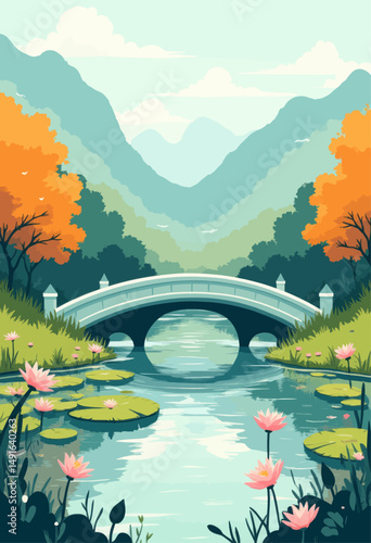 Serene Mountain Bridge in Autumnal Forest with Lotus Pond