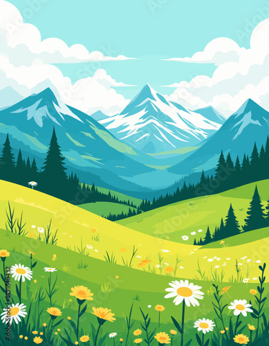 Serene Mountain Meadow with Wildflowers and Snow-capped Peaks