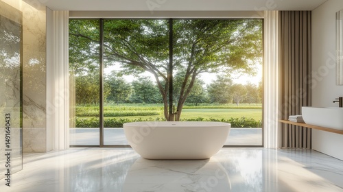Modern bathroom interior with a view of the garden.