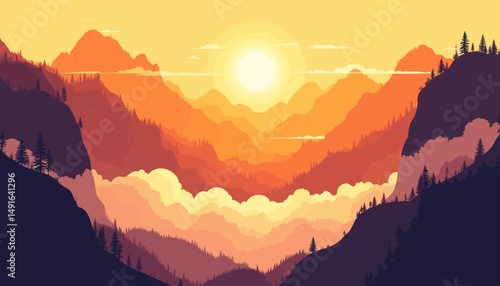 Sunlit Mountain Valley at Dawn with Misty Clouds