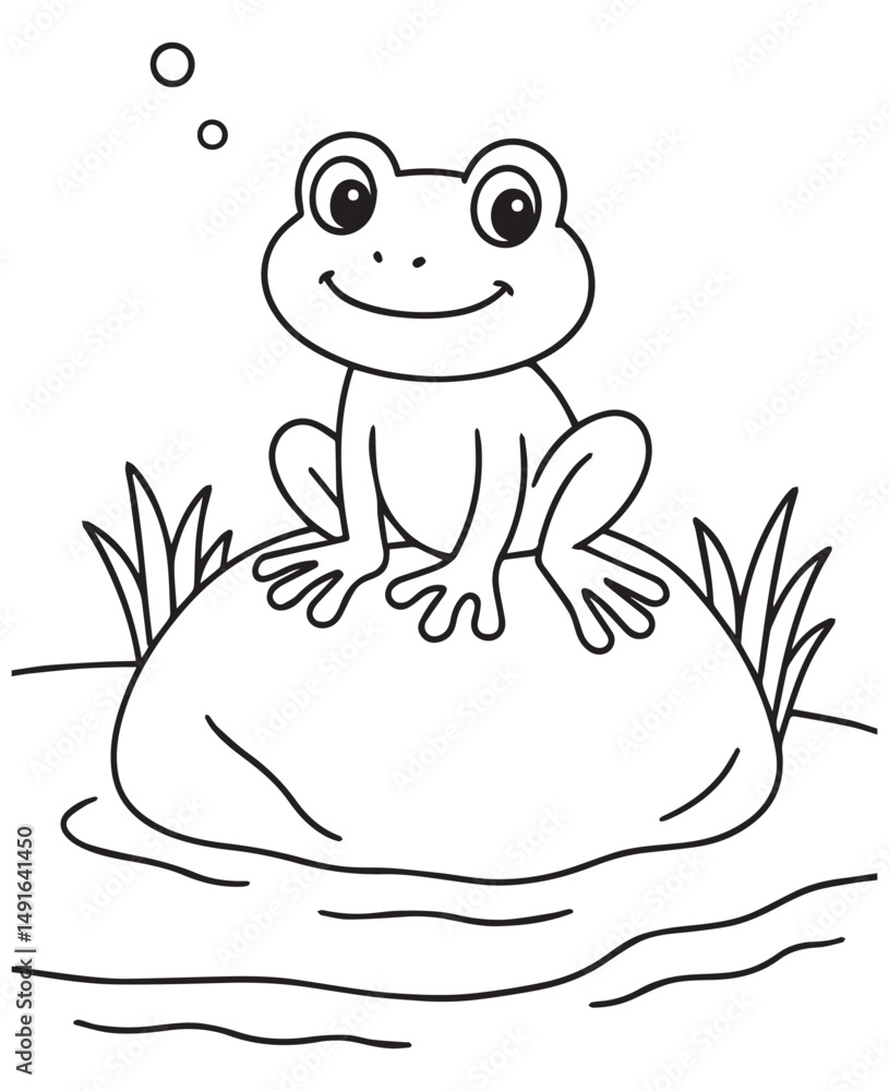Coloring book frog rests on a mossy rock, blowing gentle bubbles. Coloring book frog rests on a mossy rock, blowing gentle bubbles.