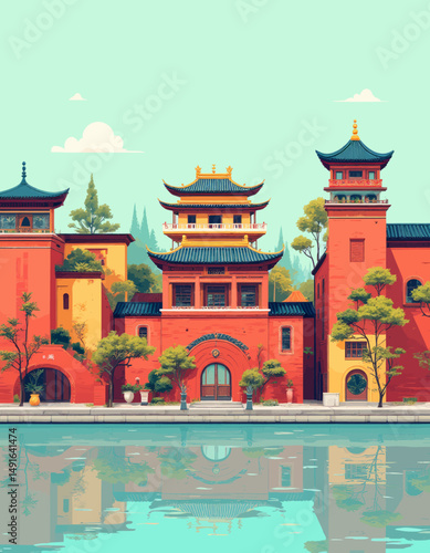 Traditional Chinese Architecture by Water at Sunset