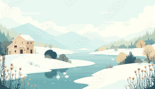 Winter Serenity: Snowy Cottage by River with Ducks