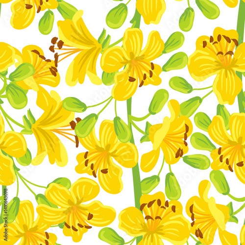 vector drawing seamless pattern with branch of blue palo verde tree with green leaves and yellow flowers, Parkinsonia florida at white background, hand drawn illustration