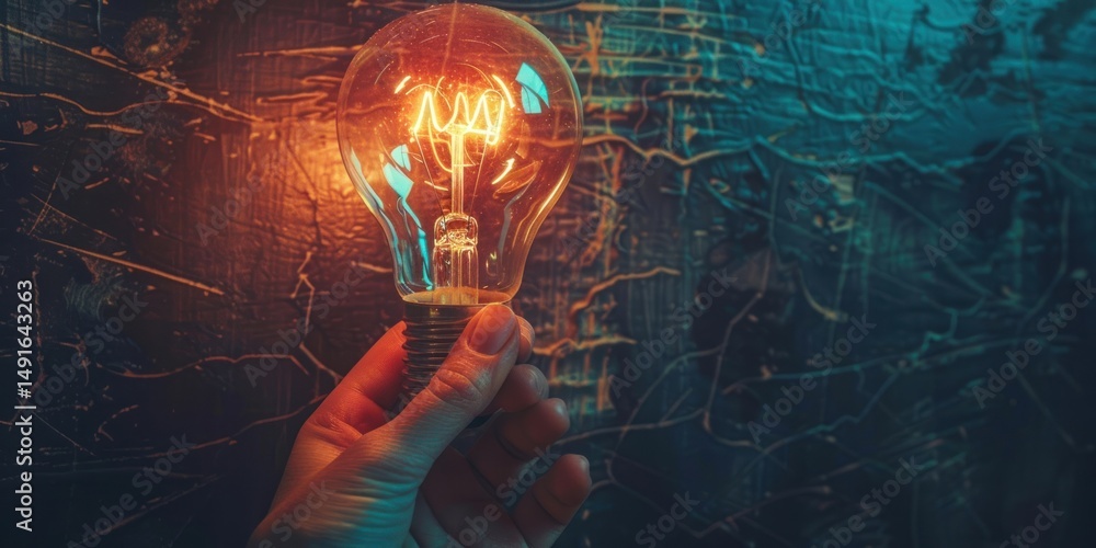 Fototapeta premium A hand holding a light bulb against a dark, textured background