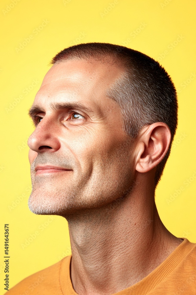 Fototapeta premium Conceptual art graphic of style for aging men. Yellow solid background. A warm and friendly man radiating happiness. Modish men's buzz cut haircut - midlife white man with red hair.