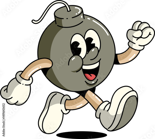 Vintage Cartoon Bomb Character Running