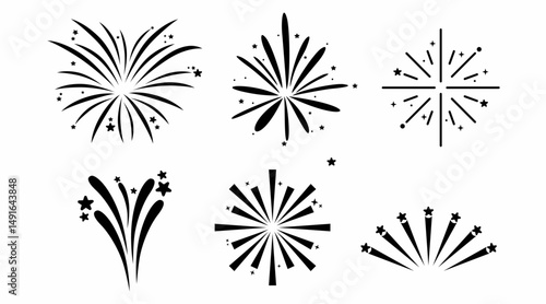 Fireworks icon collection. Fireworks with stars and sparks isolated on white background. Simple black line icon of fireworks isolated on transparent background in comic sketch doodle style. Holiday sp