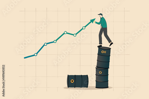 Oil price rising up, crude oil commodity price growth after crisis, high demand or energy or gasoline industry concept, businessman trader standing on stack of oil gallon drawing rising up graph.
