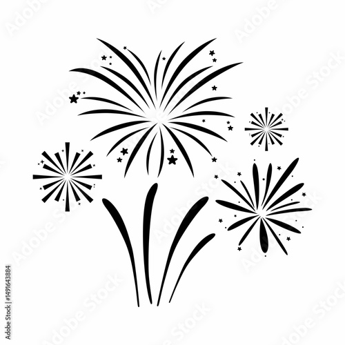 Fireworks icon collection. Fireworks with stars and sparks isolated on white background. Simple black line icon of fireworks isolated on transparent background in comic sketch doodle style. Holiday sp