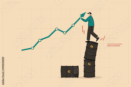 Oil price rising up, crude oil commodity price growth after crisis, high demand or energy or gasoline industry concept, businessman trader standing on stack of oil gallon drawing rising up graph.
