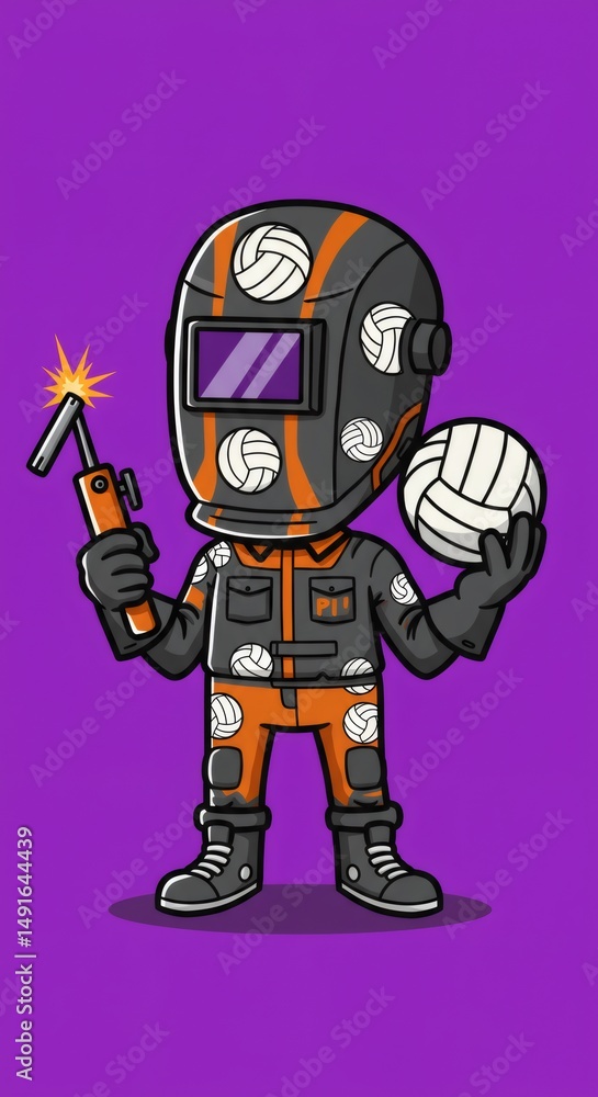 Fototapeta premium Welder Cartoon Character with Volleyball Design