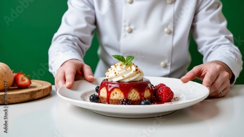 Wallpaper Mural A chef presents a beautifully decorated dessert topped with whipped cream, berries, and a mint leaf on a white plate. Torontodigital.ca