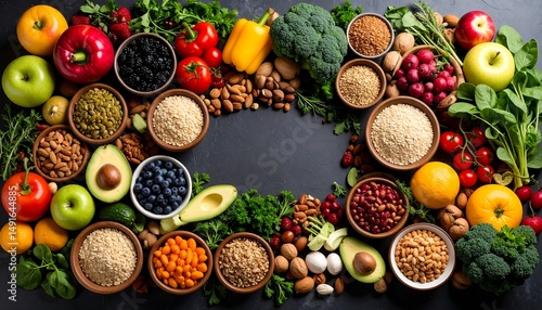 Clean eating concept with a table of unprocessed whole foods including fruits, vegetables, nuts, and grains