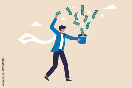 Get rich fast, make money or profit from investment,FED or central bank stimulation money, financial or wealth advisor concept, businessman magician using magic wand to make money from magical hat.