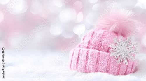 Pink winter hat with white snowflake embroidery on a plain white background, isolated product shot.