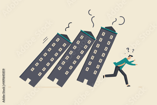 Real estate or property debt crisis causing domino effect, housing and stock market or investment asset fall down concept, panic businessman investor run away from collapsing housing domino.
