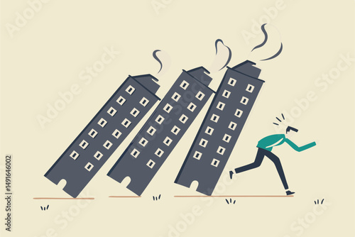 Real estate or property debt crisis causing domino effect, housing and stock market or investment asset fall down concept, panic businessman investor run away from collapsing housing domino.