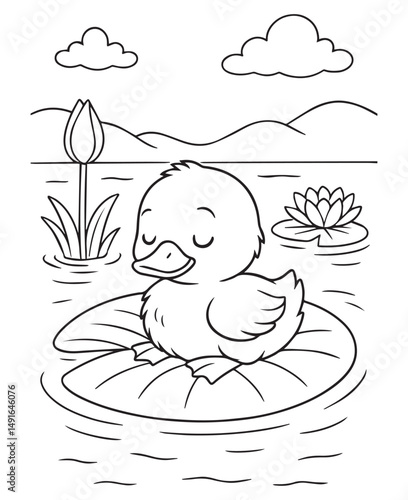 Coloring book duckling rests on a lily pad amidst blooming flowers on the water,