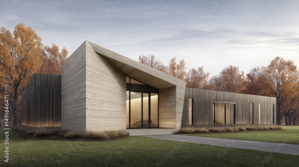 Obraz premium Modern Home Amidst Autumn Clean Lines with Natural Light, and Tranquil Setting.