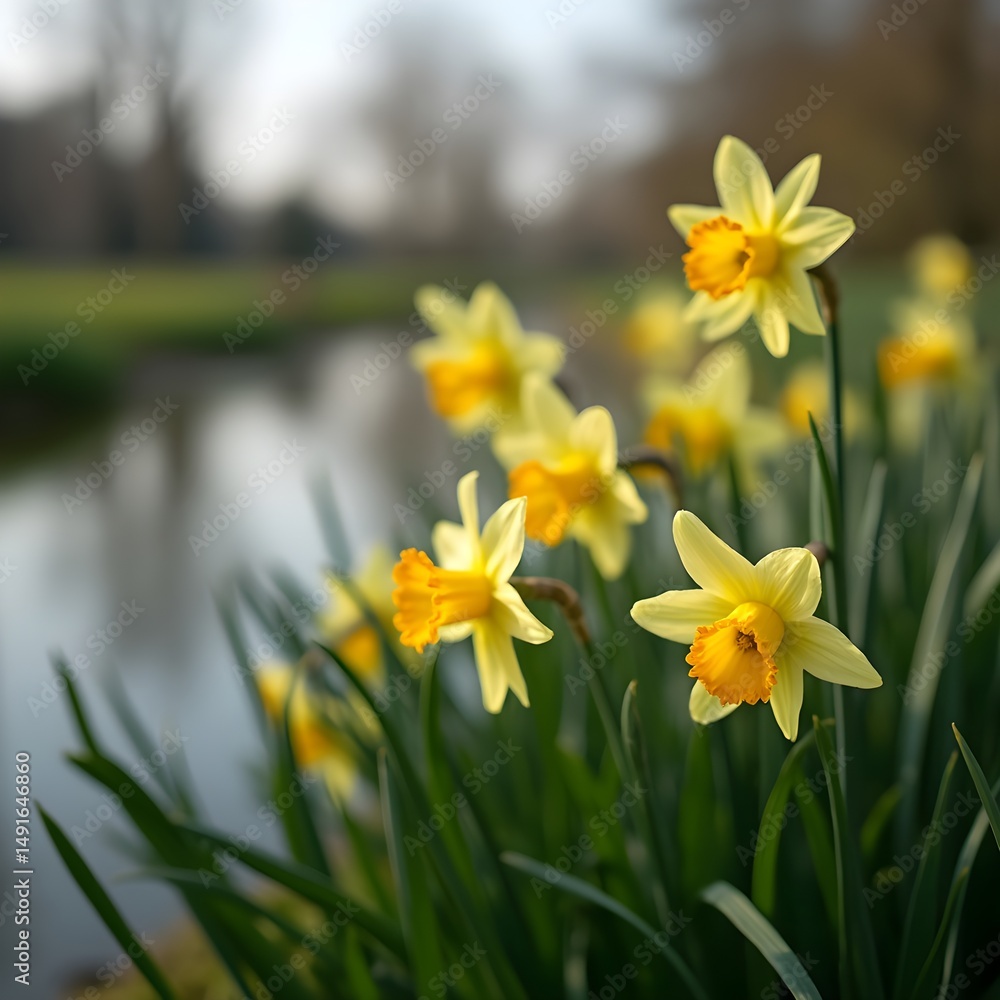 Capullos de flores de narciso en flor junto al lago en el parque Capullos de flores de narciso en flor junto al lago en el parque