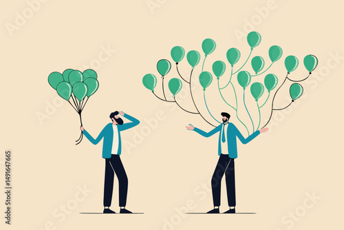 Decentralization, blockchain technology to distribute authority without center, DeFi Decentralized Finance concept, businessman holding tied up balloons looking at decentralized balloons network.