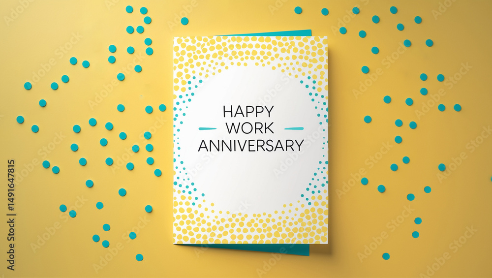 custom made wallpaper toronto digitalWork anniversary greeting card with a sunshine yellow background scattered with flat aqua blue polka dots, sans-serif font with the welcoming text "Happy Work anniversary"