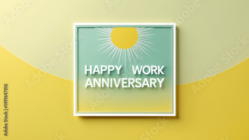 Work anniversary greeting card featuring a sunbursts pattern and warm sunshine yellow background with bold, modern, sans-serif font text 