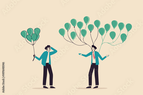 Decentralization, blockchain technology to distribute authority without center, DeFi Decentralized Finance concept, businessman holding tied up balloons looking at decentralized balloons network.