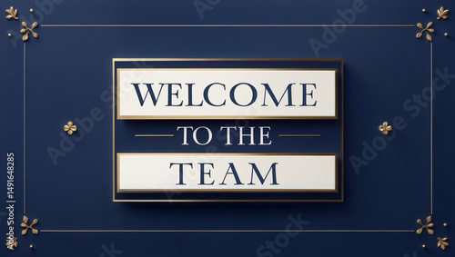 Team welcome greeting card featuring a navy blue background and elegant gold accents, message in a modern, sans-serif font, centrally placed in a crisp, white text box, reading 