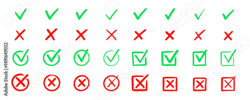 Check tick mark icon set. Cross box x check mark checkbox v list vector draw hand drawn sketch doodle brush marker checklist symbol wrong right circle. Vector Illustration