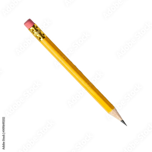 Simple, yellow pencil angled against a light-colored surface, its point angled down.  The eraser is visible at the top.