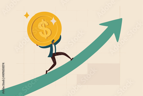 Sales increase, investment growth or earning and profit rising up, salary or revenue growing, financial prosperity concept, strong businessman investor carry golden money coin walk up rising up graph.