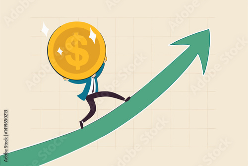 Sales increase, investment growth or earning and profit rising up, salary or revenue growing, financial prosperity concept, strong businessman investor carry golden money coin walk up rising up graph.