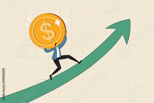 Sales increase, investment growth or earning and profit rising up, salary or revenue growing, financial prosperity concept, strong businessman investor carry golden money coin walk up rising up graph.