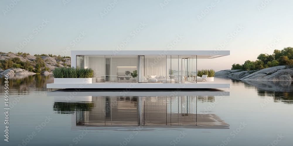 Obraz premium Floating Home Modern House on Lake Tranquil Lakeside Living.